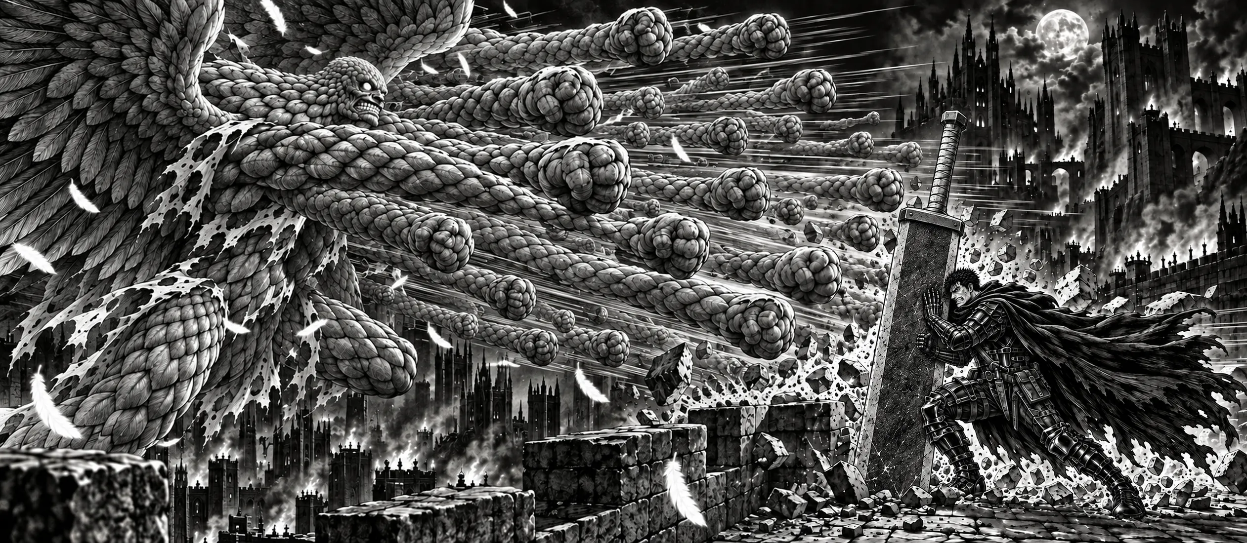A torrent of fists hammering Guts backwards across the wall of Albion as he braces his shoulder and iron arm behind the planted Dragon Slayer