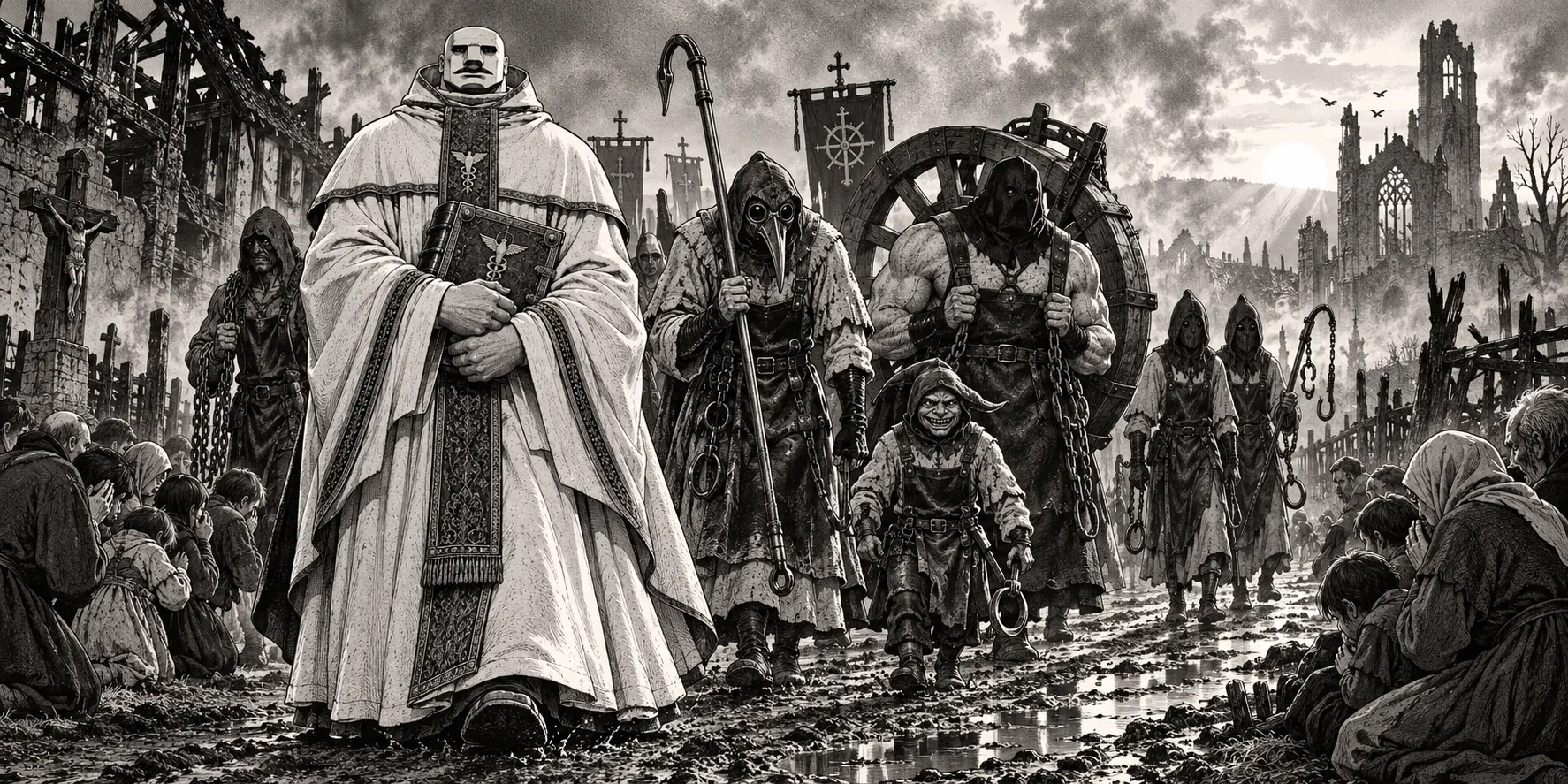 Mozgus leading his torturer disciples, one carrying a breaking wheel, through a burned village of kneeling villagers