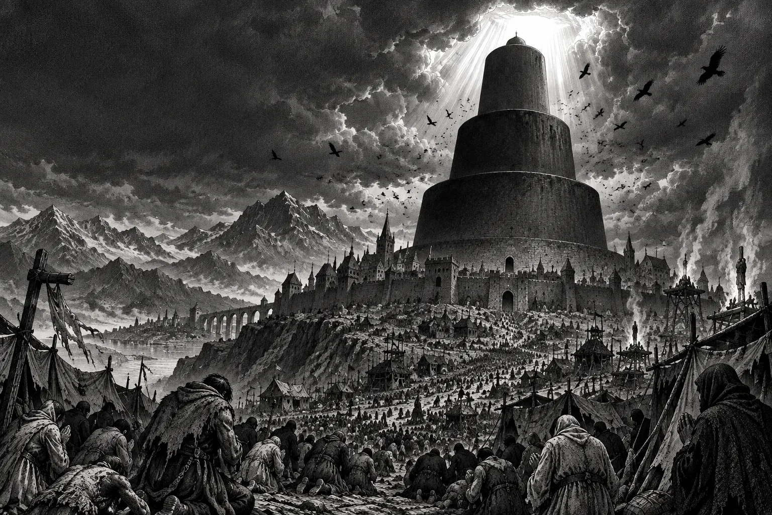 The stepped Tower of Conviction above Albion at dusk, with refugees kneeling in the slums below