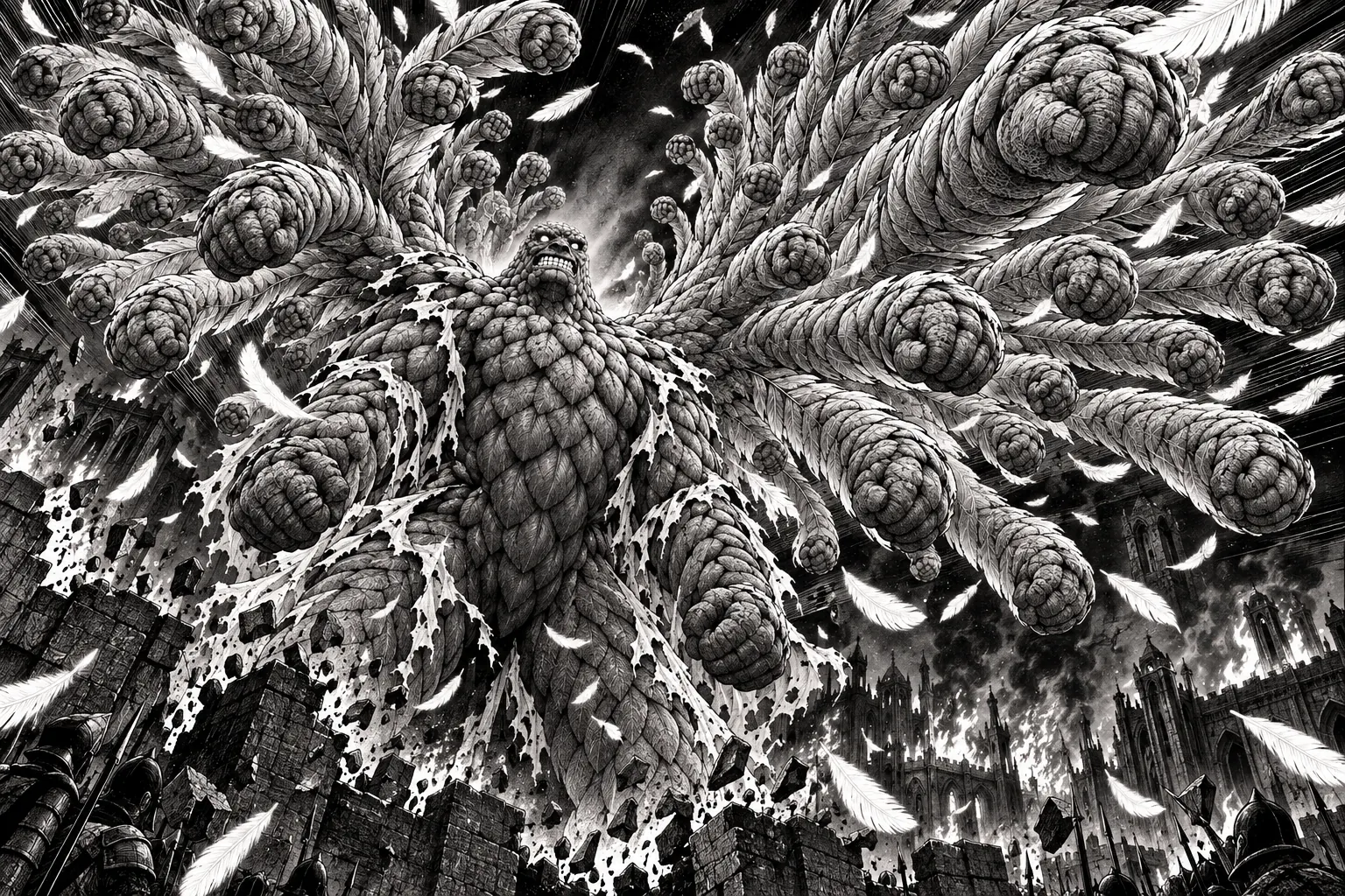 Mozgus throwing his coiled wings open on the wall of Albion, every feather curling into a scaled fist